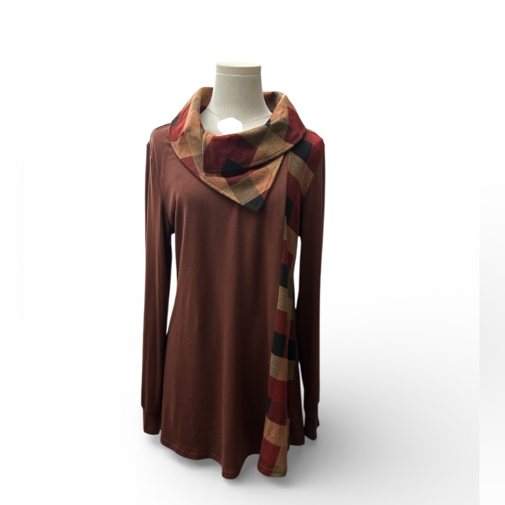 Brown Long Sleeve Top with faux Plaid Scarf women’s size‎ M (F35)